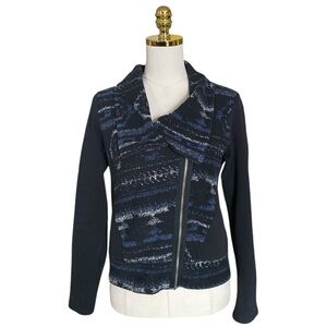 ANTHROPOLOGIE DOLAN Aztec Asymmetric Boucle Moto Jacket Black/ Blue Womens Large